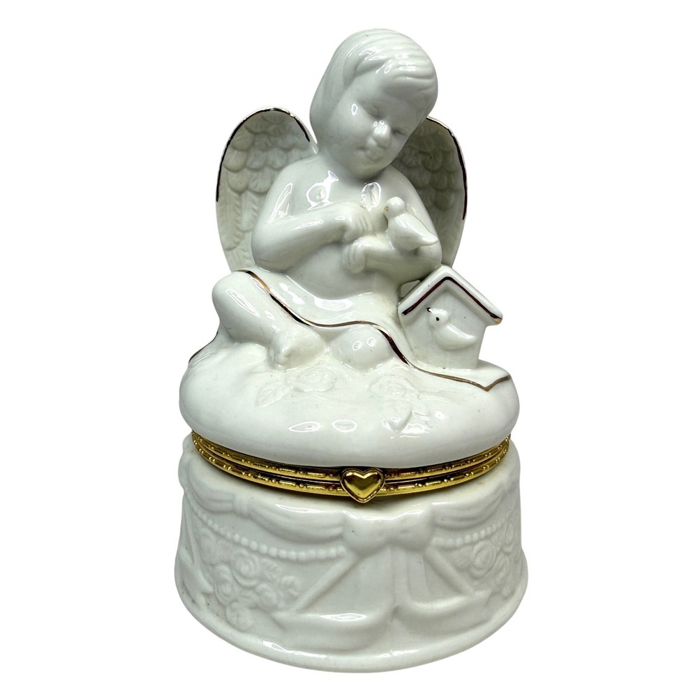 Porcelain Angel Trinket Jewelry Box Bath Salt Holder Gold Trim Bird 5in Wx7in H